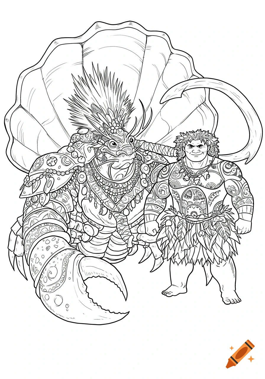 Black and white line art coloring page of Tamatoa the crab monster with Maui and his fish hook in its back.