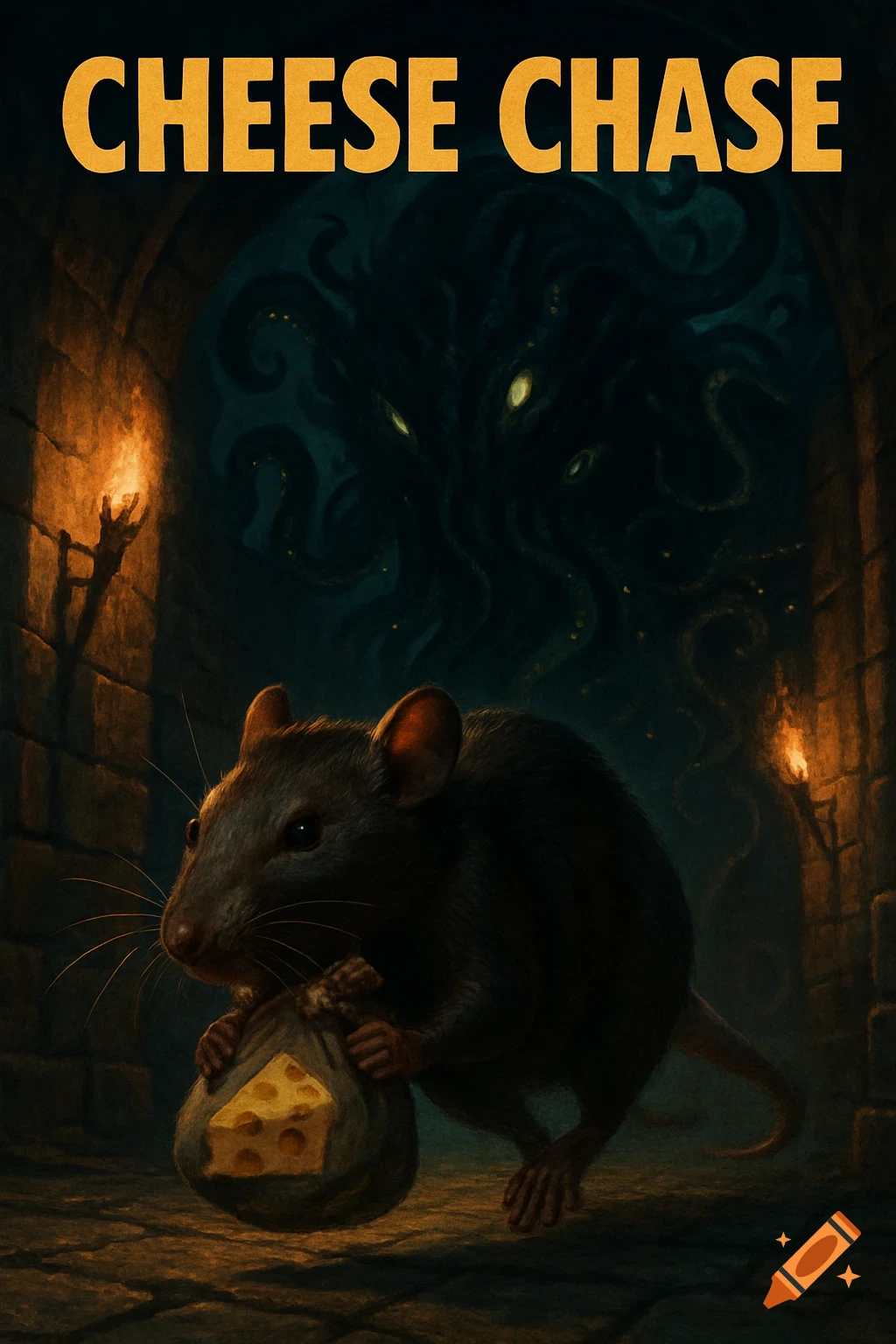 A dark fantasy illustration of a rat clutching a cheese bag, fleeing a multi-eyed eldritch monster in a torchlit dungeon.