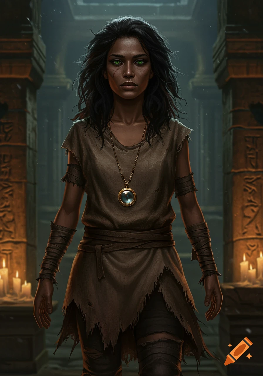 A dark-haired priestess with green eyes and ragged clothes stands in ancient ruins, wearing a circular locket.