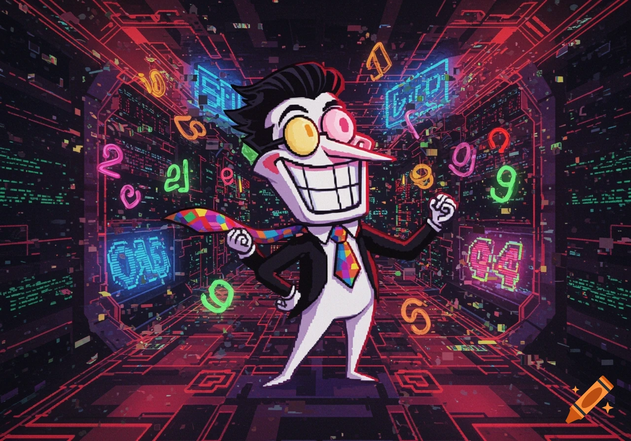A cartoon character with a wide grin, yellow and pink glasses, and a colorful tie stands in a dark, neon-lit digital corridor with floating numbers and glitchy text displays.