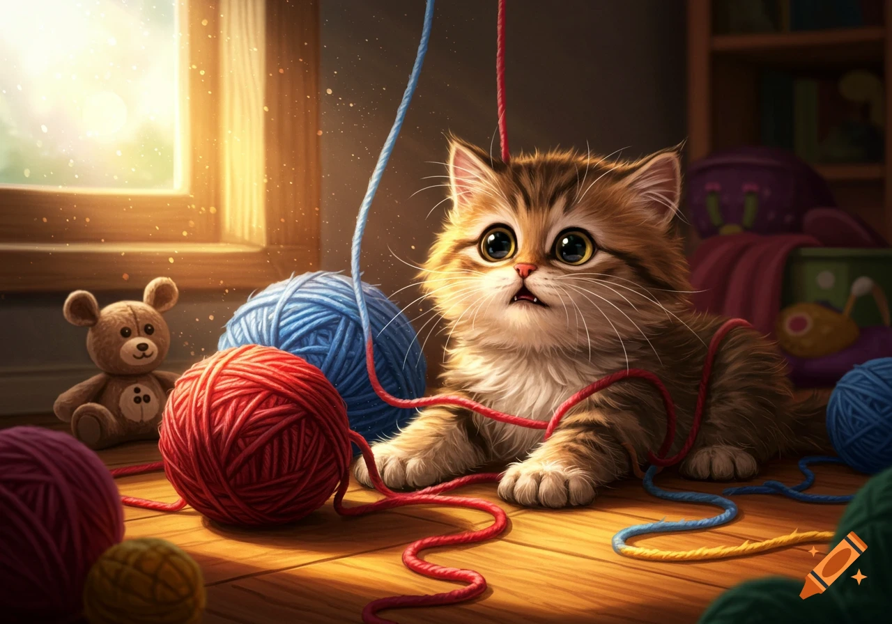 A fluffy kitten with big eyes plays with red and blue yarn balls on a wooden floor, with a teddy bear nearby and sunlight streaming in.