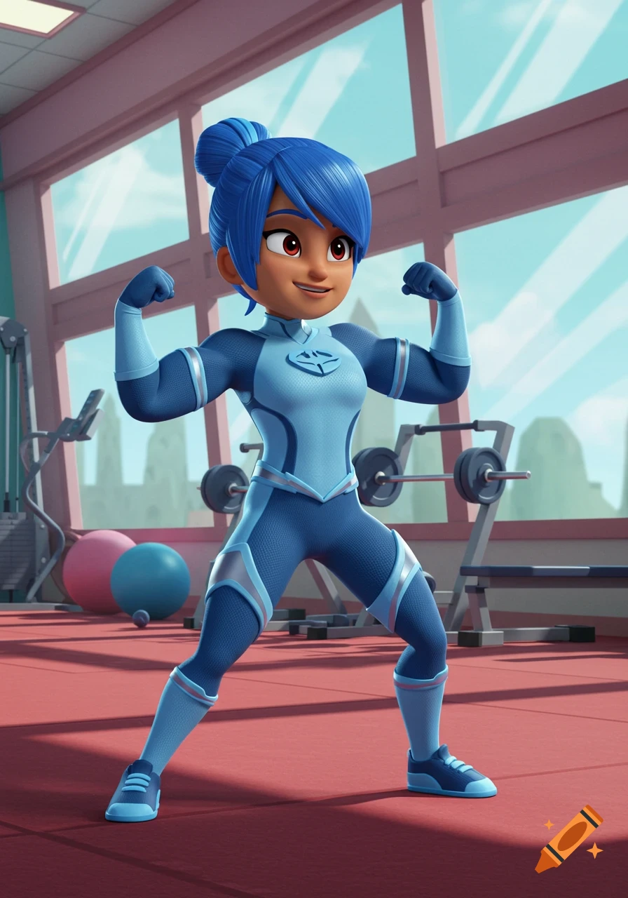 A cartoon character in a blue and light blue superhero suit flexes her muscles in a gym.