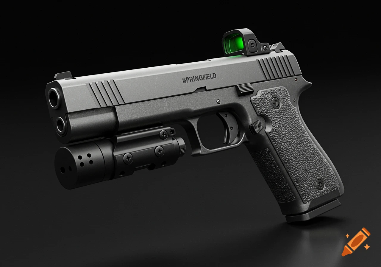 A detailed, photorealistic black handgun with a green dot sight and tactical light, against a dark background.