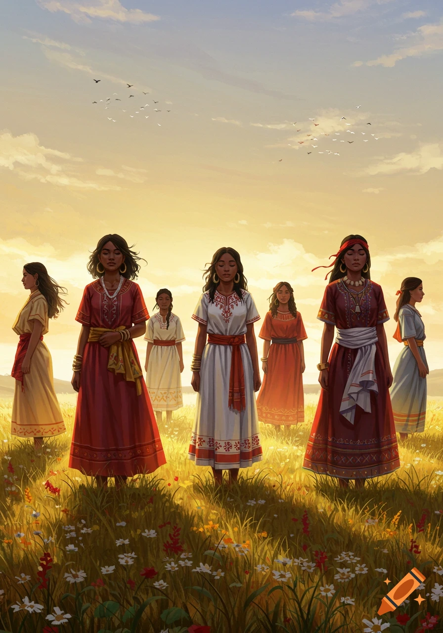 Several women in traditional dresses stand in a field of wildflowers under a golden sky with birds flying.
