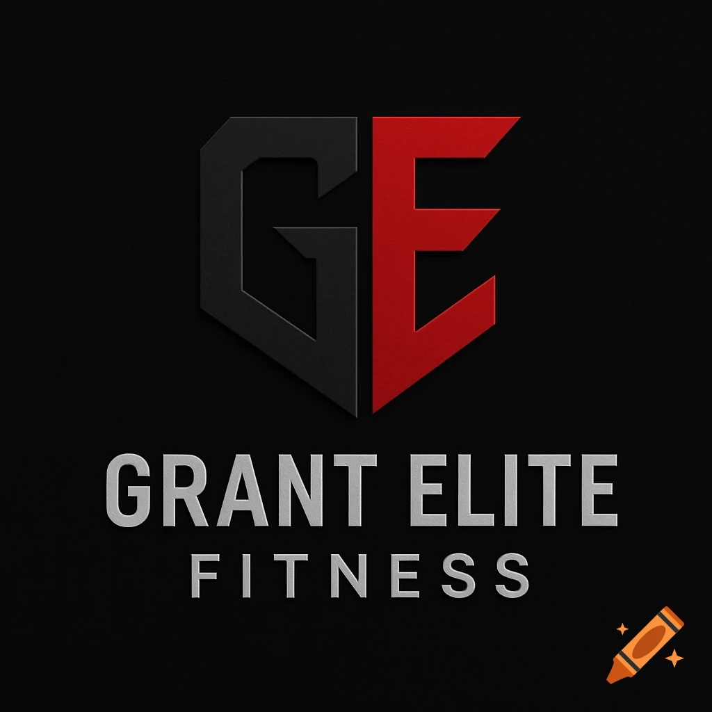 A modern fitness logo featuring a bold black 'G' and red 'E' monogram, with 'GRANT ELITE FITNESS' text in silver below, all on a black background.