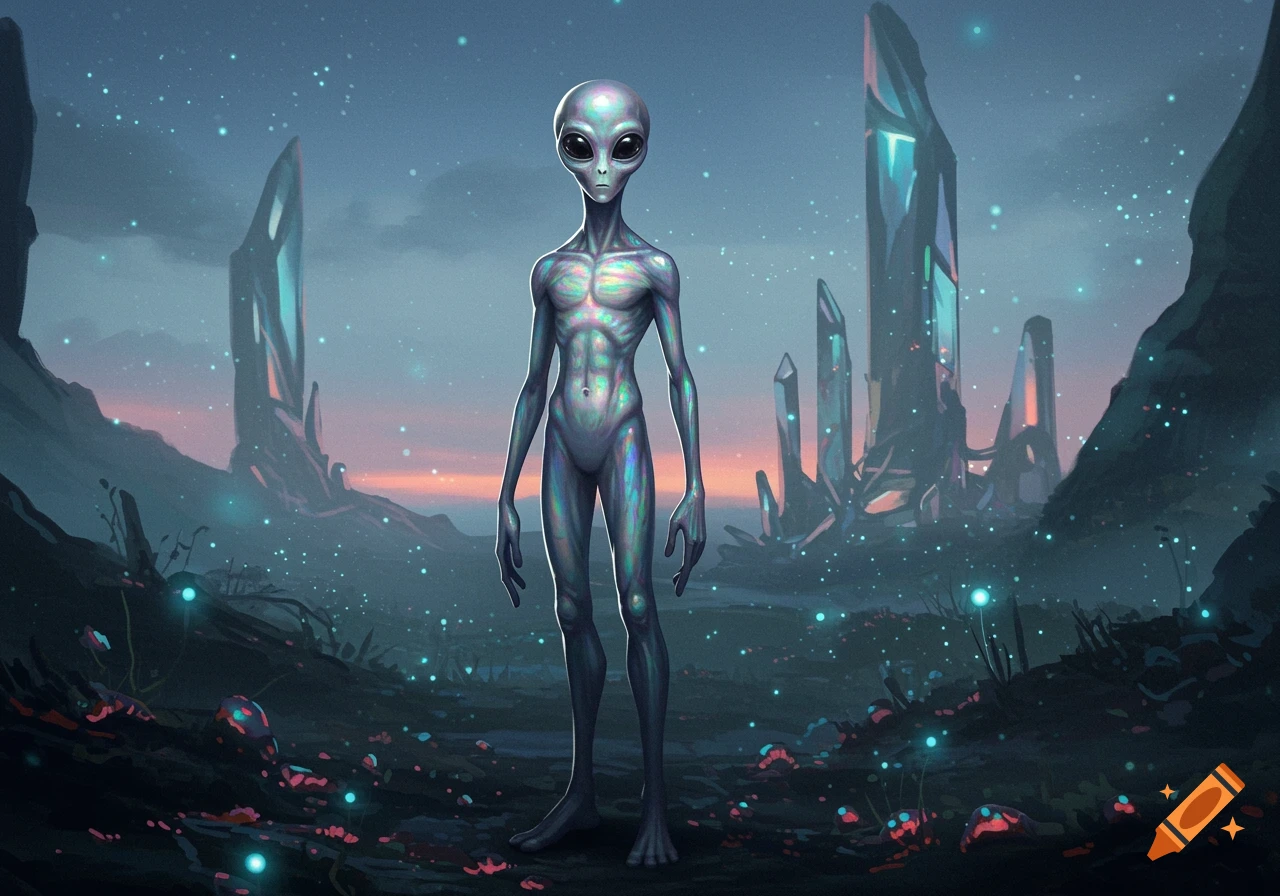 A tall, grey alien stands on a misty alien planet with glowing crystal structures and bioluminescent plants under a starry sky.