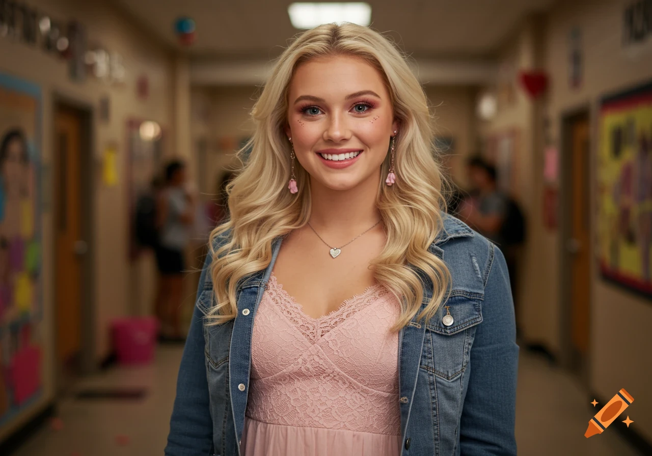 A smiling blonde woman in a pink top and denim jacket in a school hallway, photorealistic.