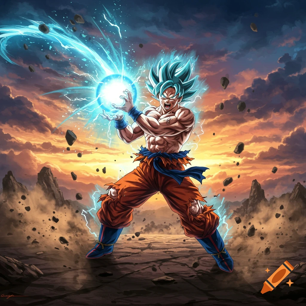 Goku with blue hair, wearing a tattered orange gi, charges a glowing blue energy ball in a rocky, fiery landscape under an orange and blue sky.