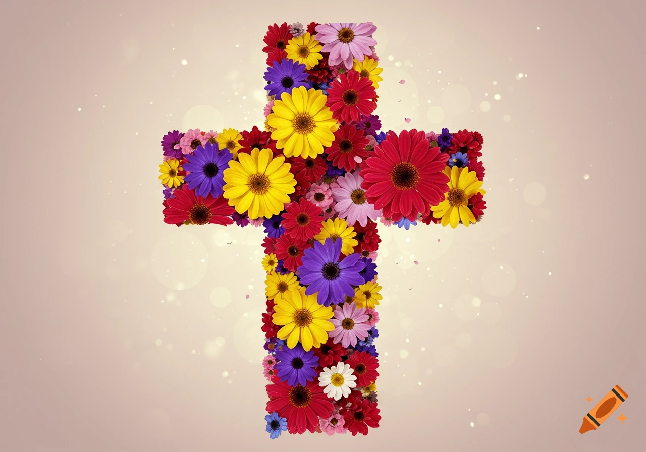A colorful cross made entirely of various brightly colored flowers against a softly lit background with bokeh lights.