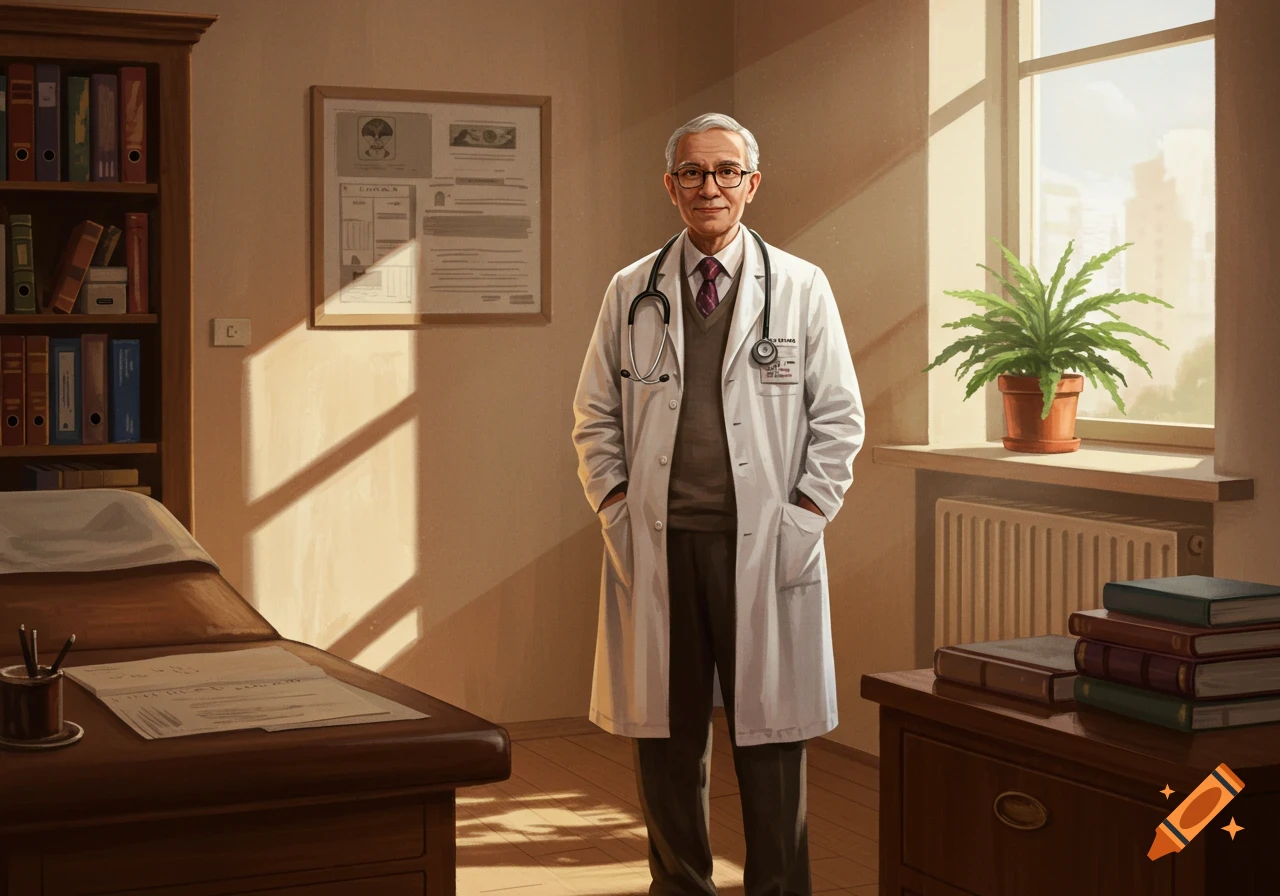 An elderly doctor stands in his sunlit office next to an examination bed and bookshelf.