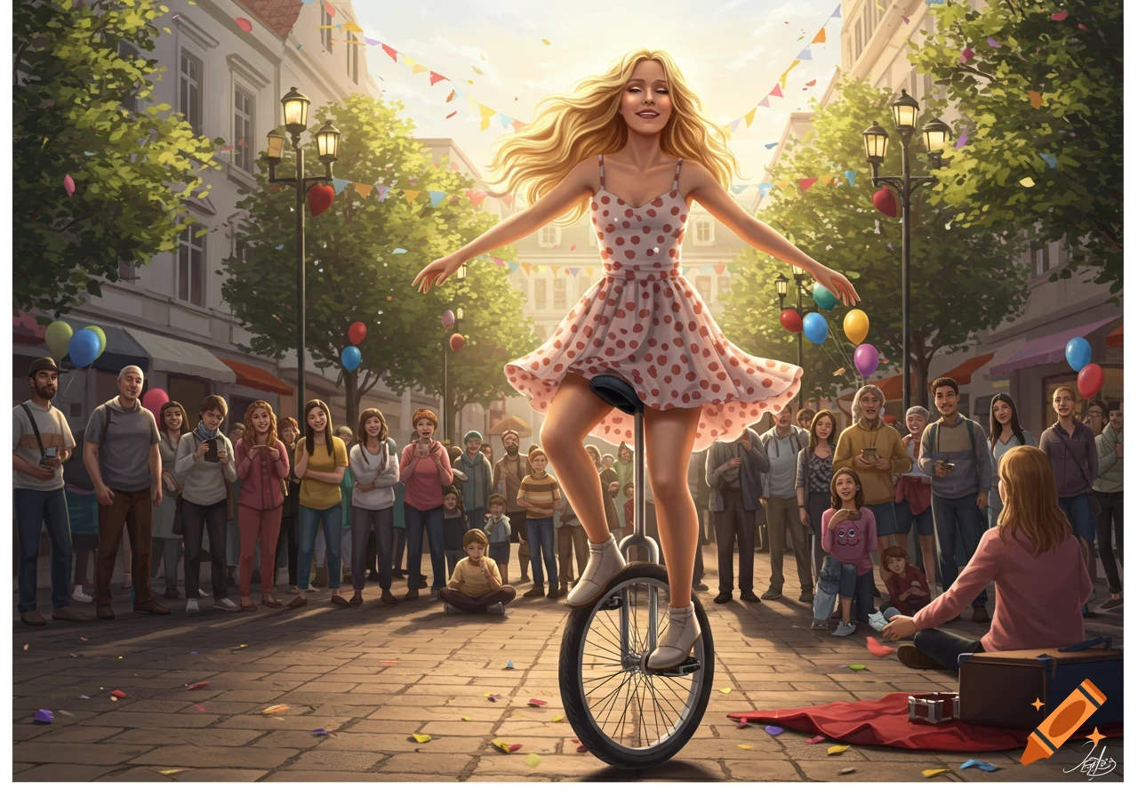 A blonde woman in a polka dot dress balances on a unicycle on a sunny city street, performing for a large crowd with balloons and confetti.