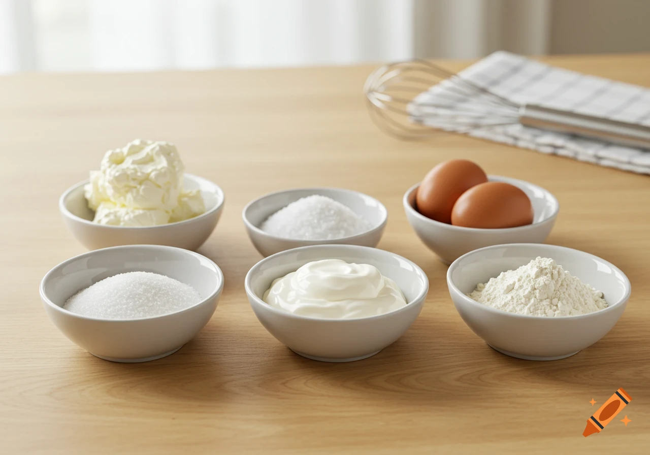 Bowls of ingredients for cheesecake including cream cheese, sugar, eggs, heavy cream, and flour on a wooden table with a whisk and towel.