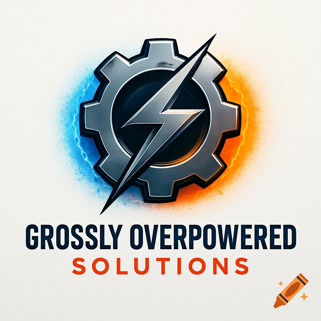 A metallic gear with a lightning bolt, glowing blue and orange, above the text 'GROSSLY OVERPOWERED SOLUTIONS'.