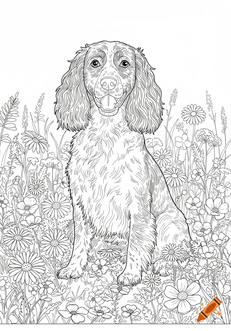 Black and white line art drawing of a happy English Springer Spaniel dog sitting in a field of flowers, in coloring book style.