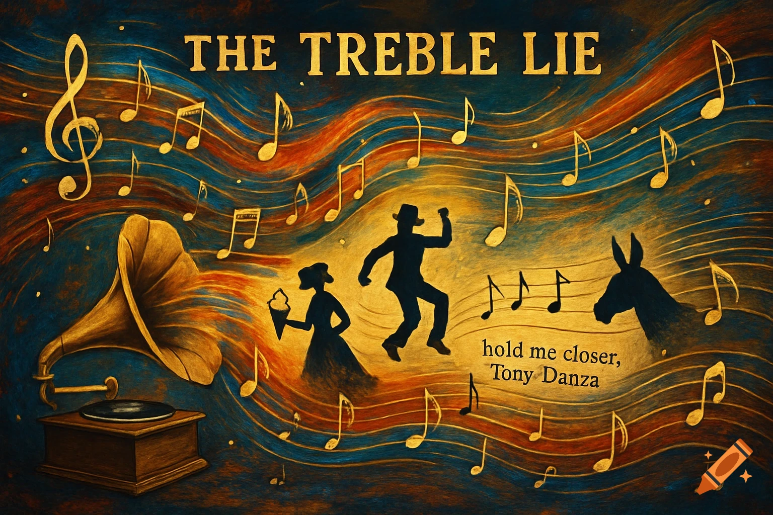 A stylized illustration of a gramophone, dancing silhouettes, a donkey, and musical notes against a wavy, painterly background. Text reads "THE TREBLE LIE" and "hold me closer, Tony Danza."