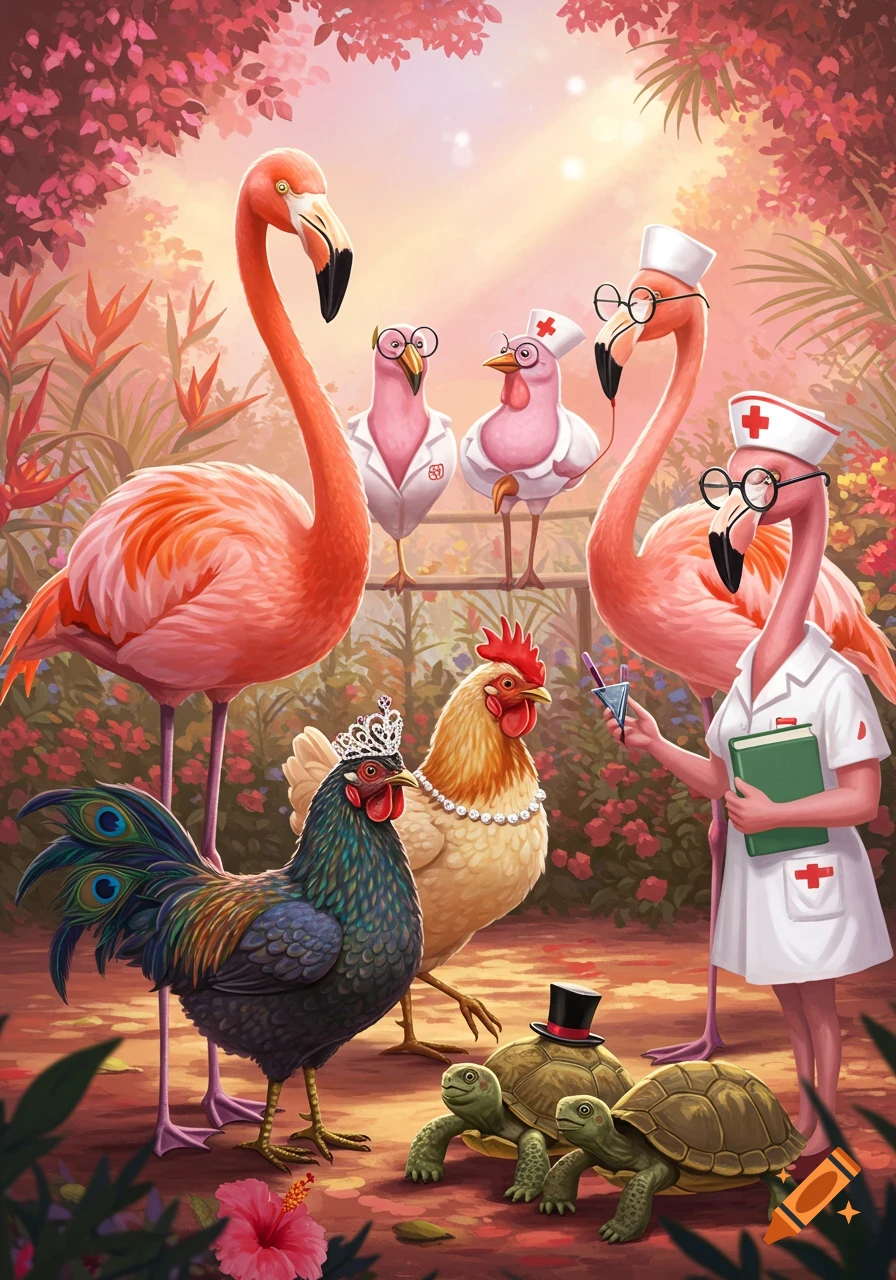 Cartoon illustration of flamingos in nurse outfits, a rooster in a crown, a hen with pearls, and turtles with a top hat in a lush garden.