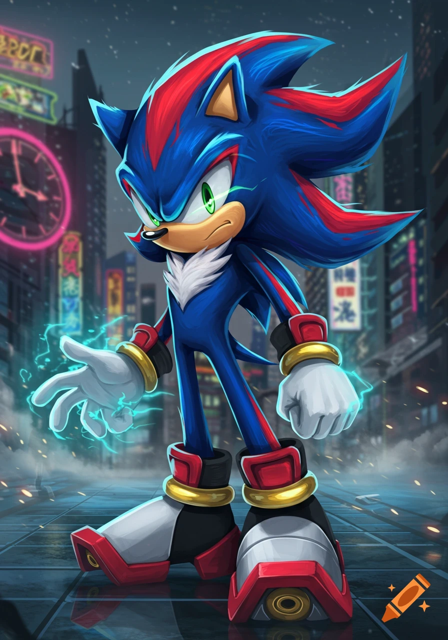 A blue and red Sonic-like character with green eyes and white chest fur stands in a neon-lit city at night, with electric energy around their hands.