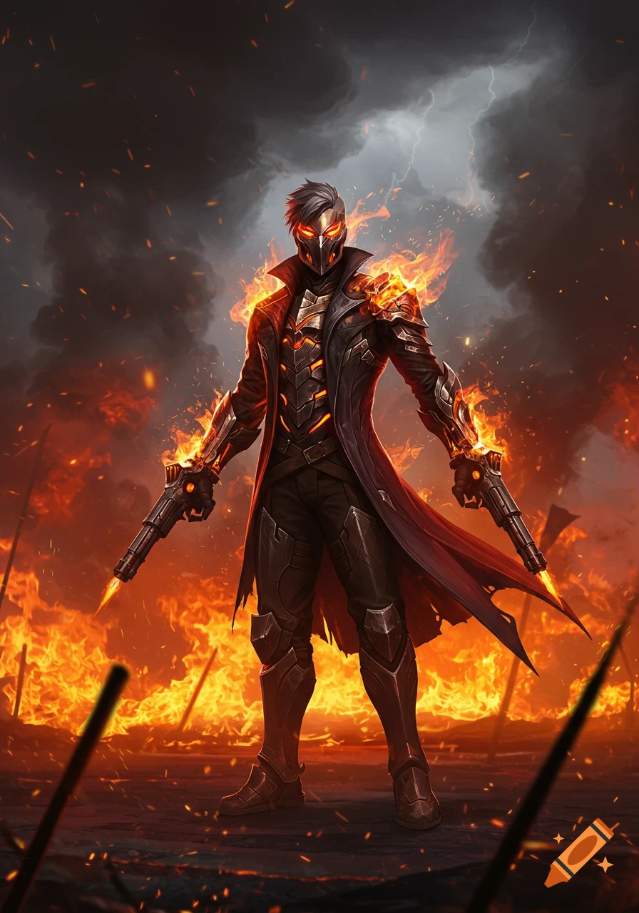 A masked warrior in armored clothing with a trench coat stands amidst a fiery explosion, holding two pistols, under a stormy sky.