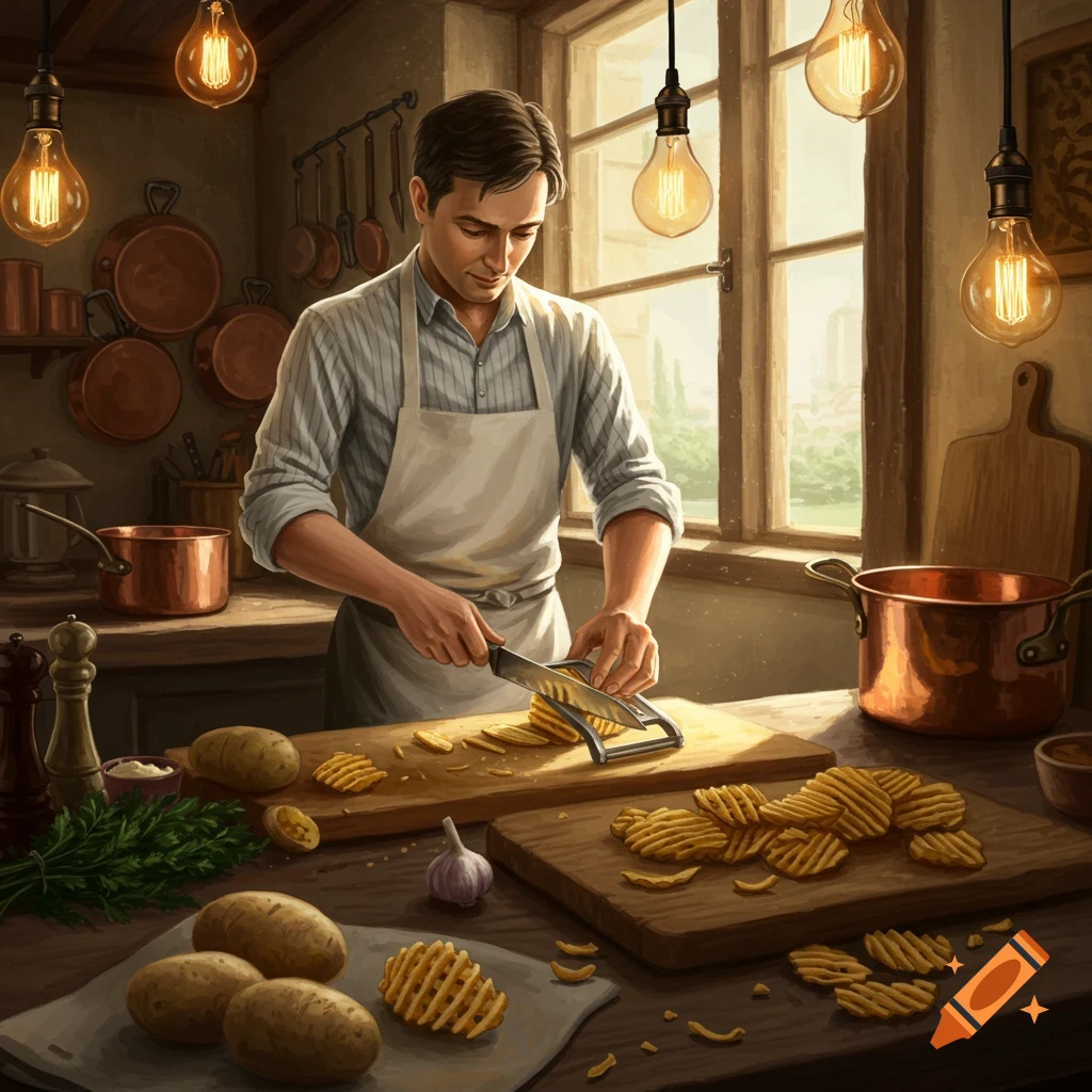 A man in an apron slicing potatoes into waffle fries in a rustic kitchen with warm lighting.