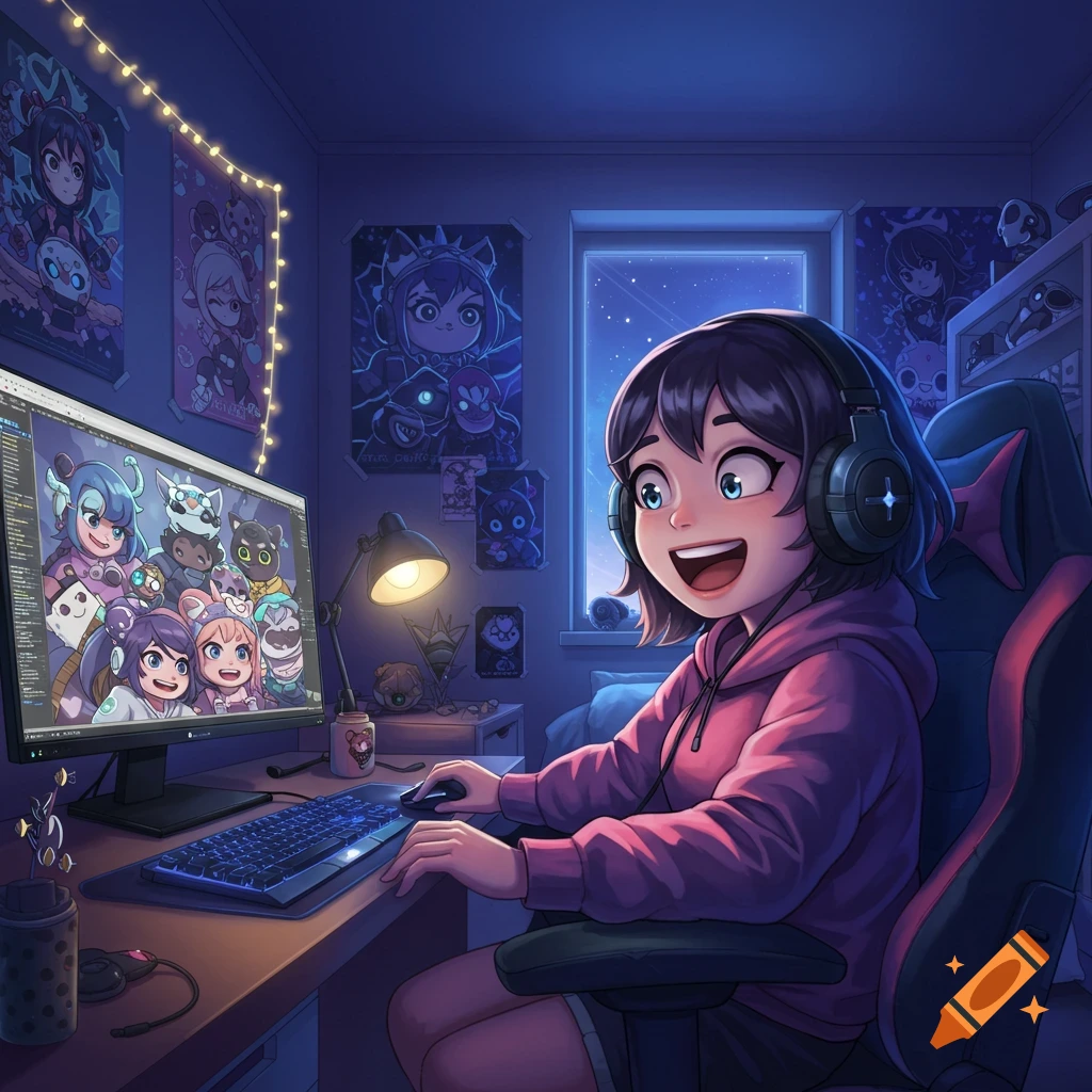A smiling anime girl with headphones on, sitting at a desk in a dark room, looking at a computer screen displaying colorful cartoon characters.