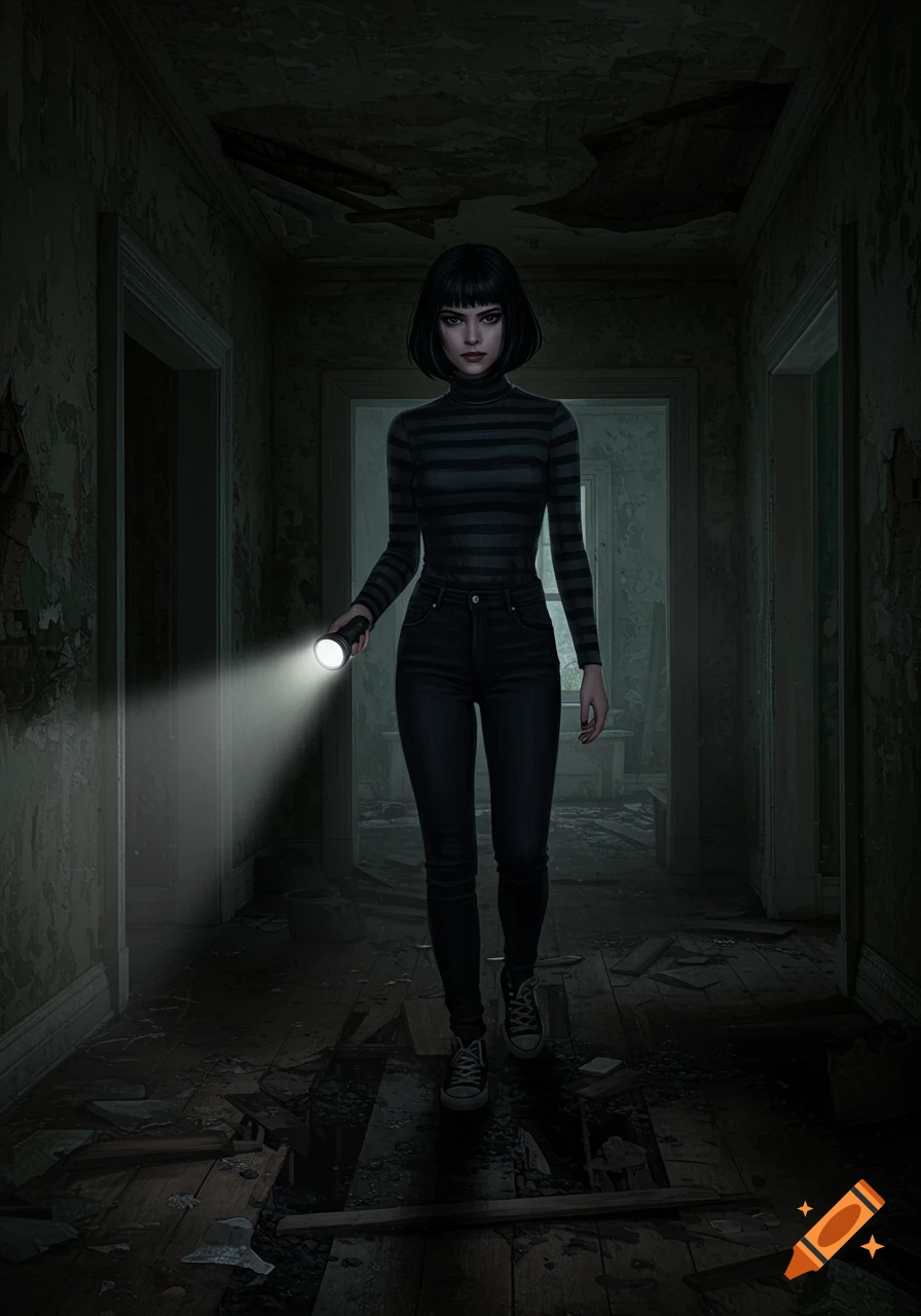 A woman with a blunt bob haircut in a striped shirt and jeans holds a flashlight while walking through a dark, dilapidated house.