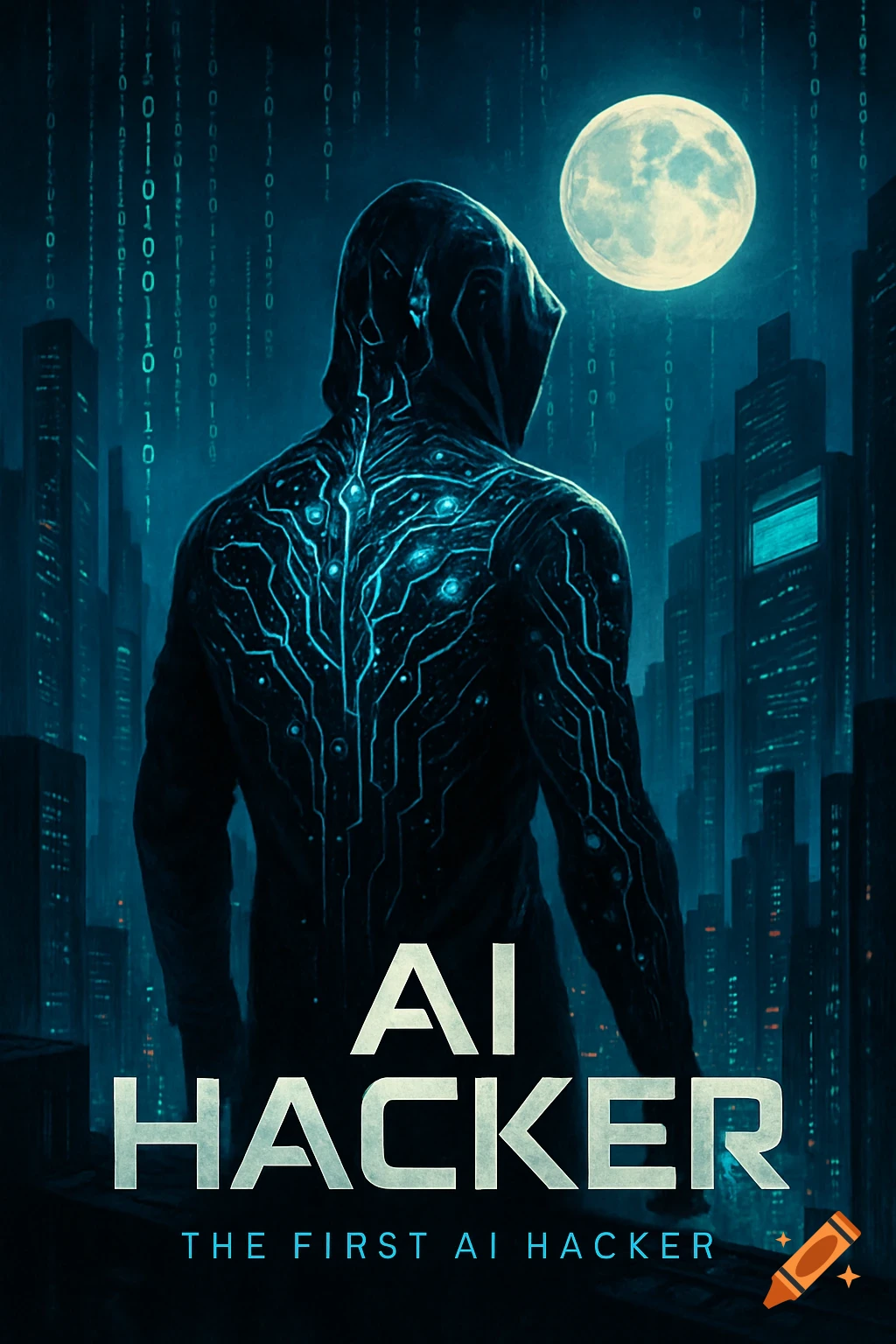 A hooded figure with glowing blue circuitry on their back stands facing away, looking out over a cyberpunk city skyline under a full moon, with binary code falling in the background. The text reads "AI HACKER" and "THE FIRST AI AI HACKER."