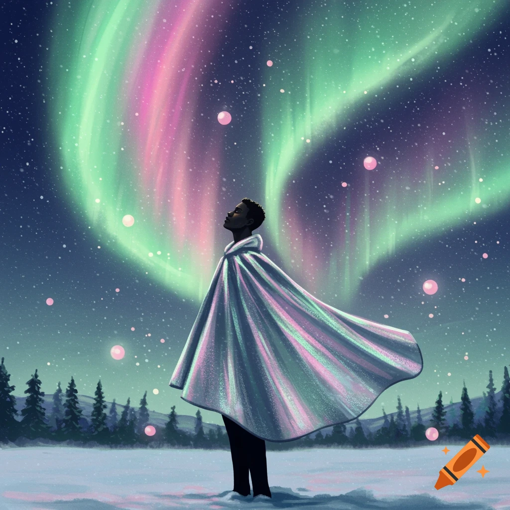 A person in a white cape stands in a snowy forest, gazing up at a vibrant green and pink aurora borealis. Digital art.