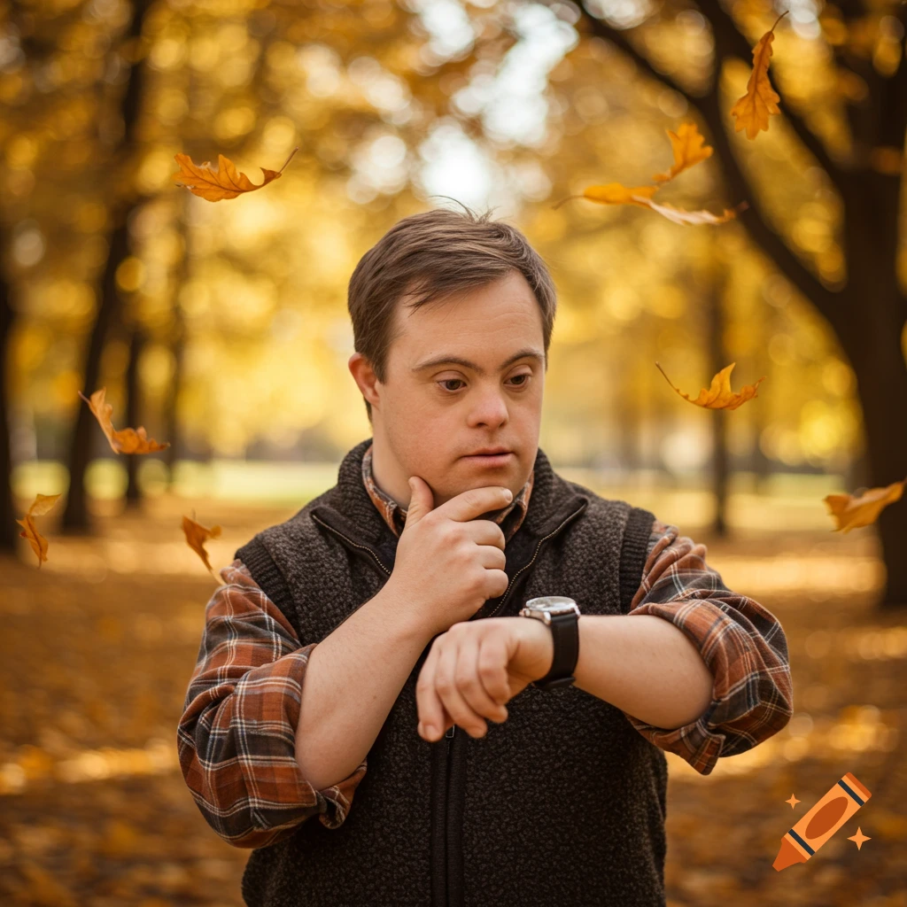 A man with Down syndrome looks intently at his wrist watch in an autumn park with falling orange leaves.