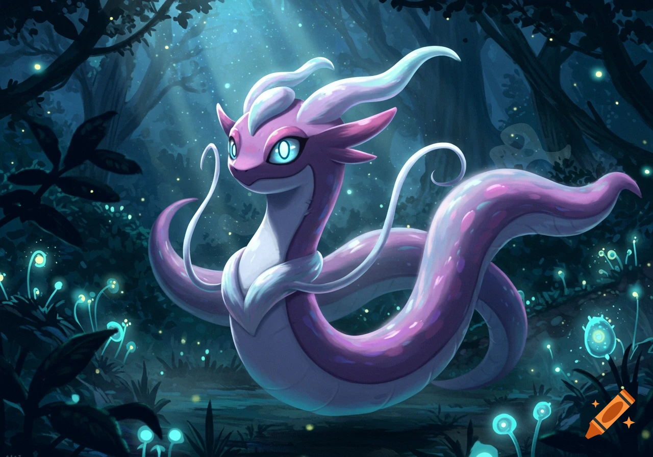 A purple and white serpent-like creature with glowing blue eyes and horns floats in a magical, dark forest with glowing plants.