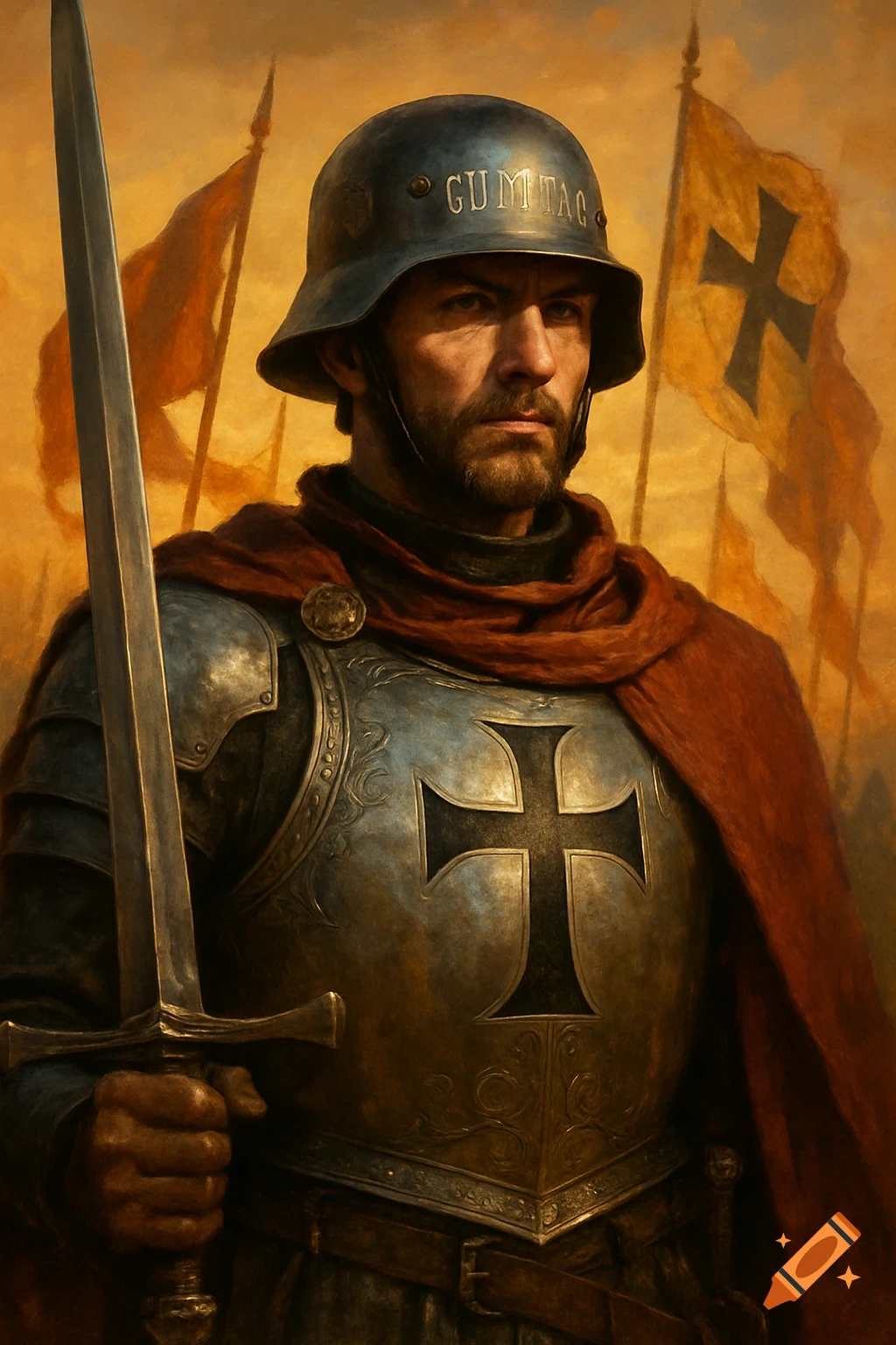 A stoic knight in armor with a red cape, holding a sword. Flags with crosses are visible in the painterly background.