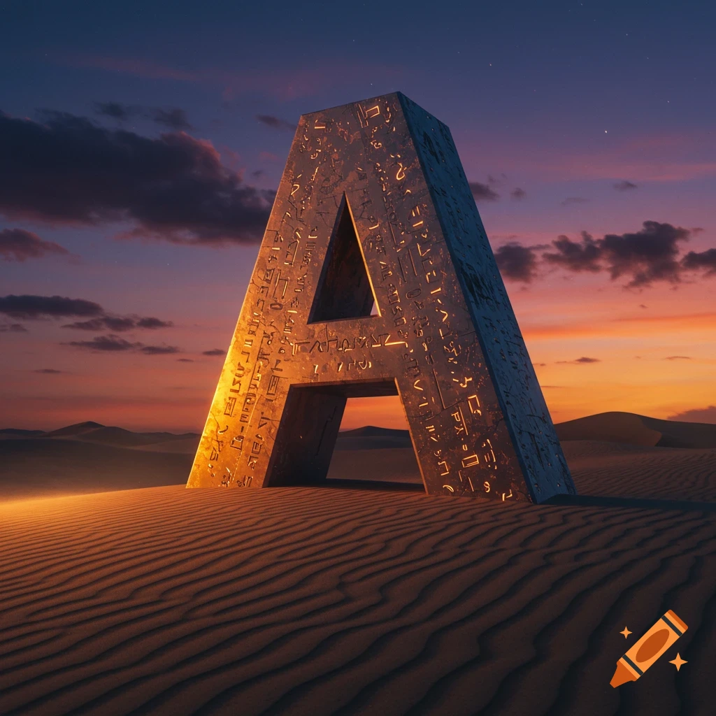 A large stone letter 'A' carved with ancient symbols stands in a vast desert at sunset, with sand dunes stretching to the horizon.