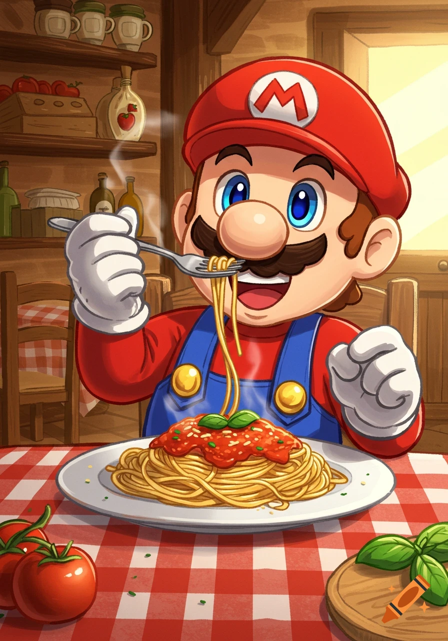 Mario happily eating a large plate of spaghetti with tomato sauce in a rustic Italian setting, cartoon style.