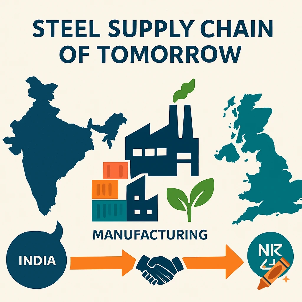 An infographic illustrating the steel supply chain of tomorrow, connecting India and the UK through manufacturing, featuring a handshake and sustainability symbols.