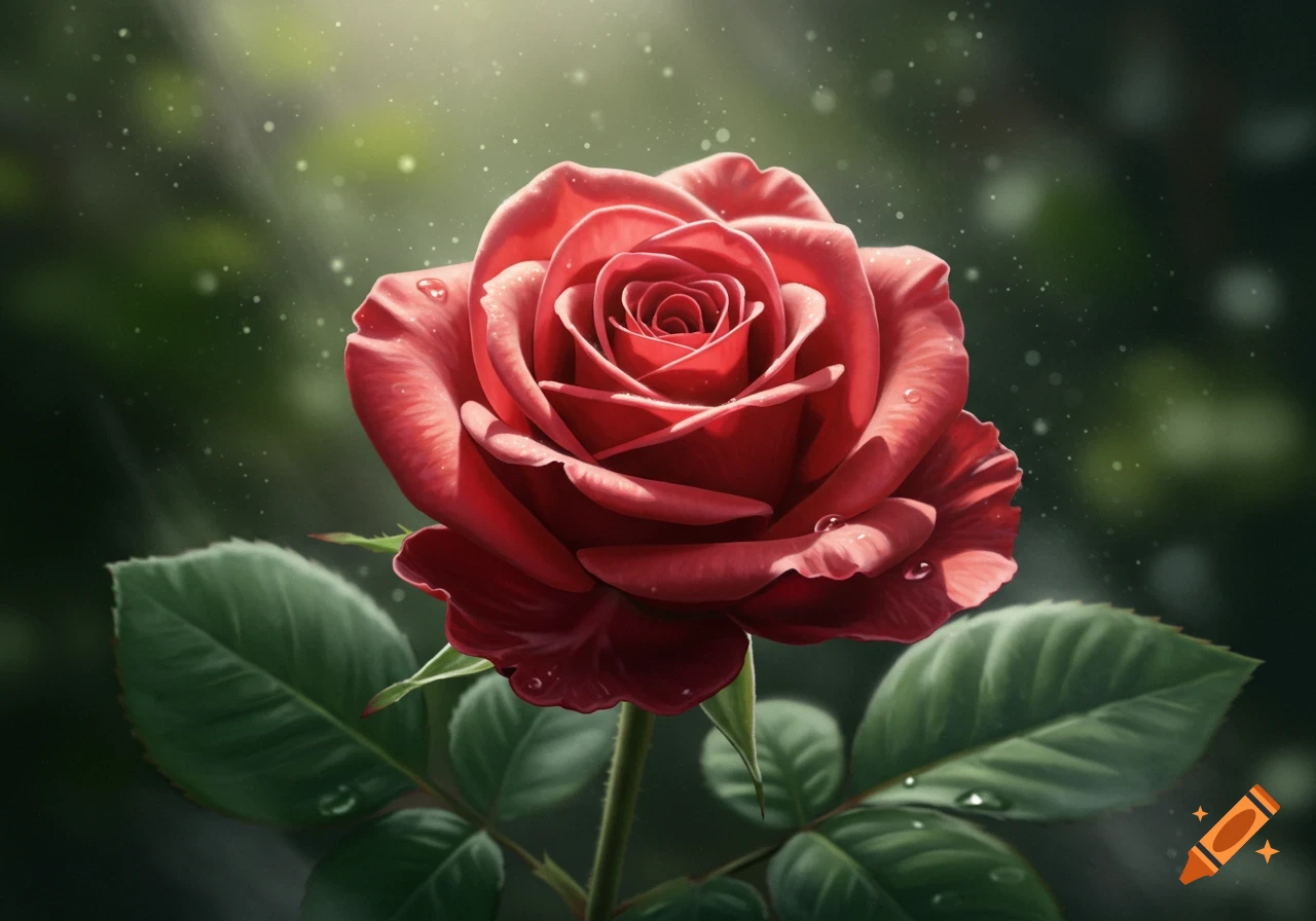 Vibrant red rose with water droplets on petals and leaves, illuminated by sunlight against a dark green background.
