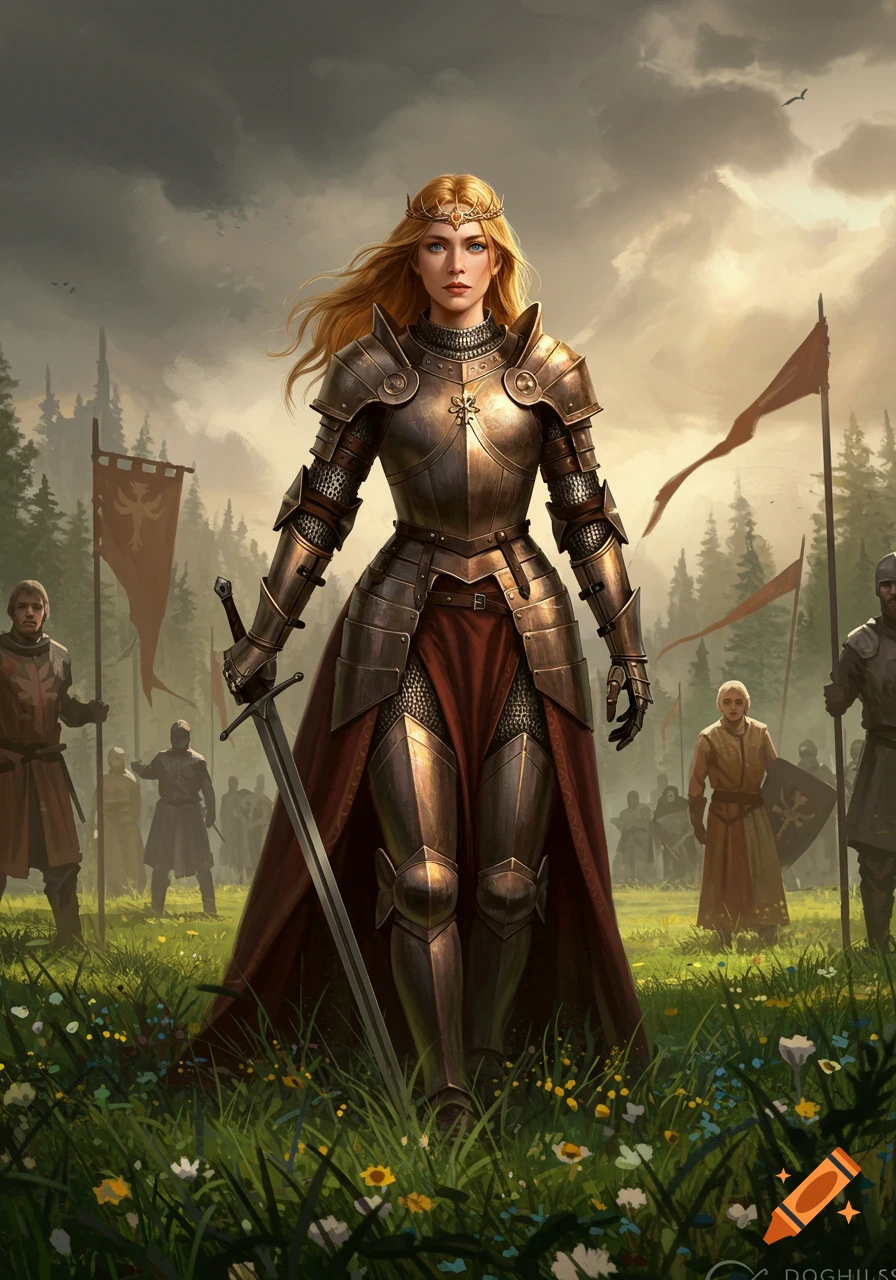 A golden-haired princess in shining full plate armor, holding a sword, stands in a grassy field with wildflowers. Soldiers and banners are in the background under a dramatic sky.