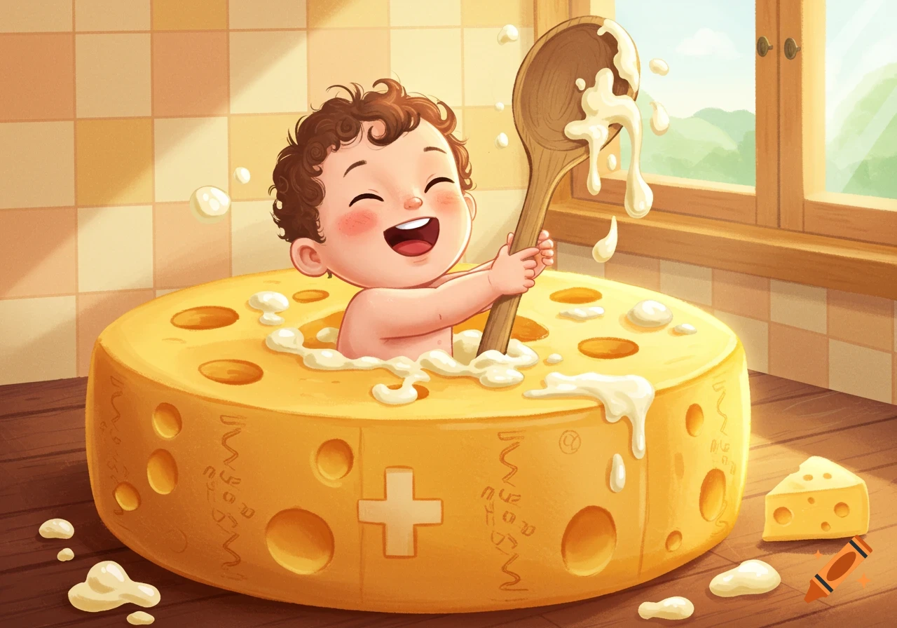 A happy cartoon baby sits inside a large cheese wheel, stirring with a wooden spoon as white liquid bubbles around.