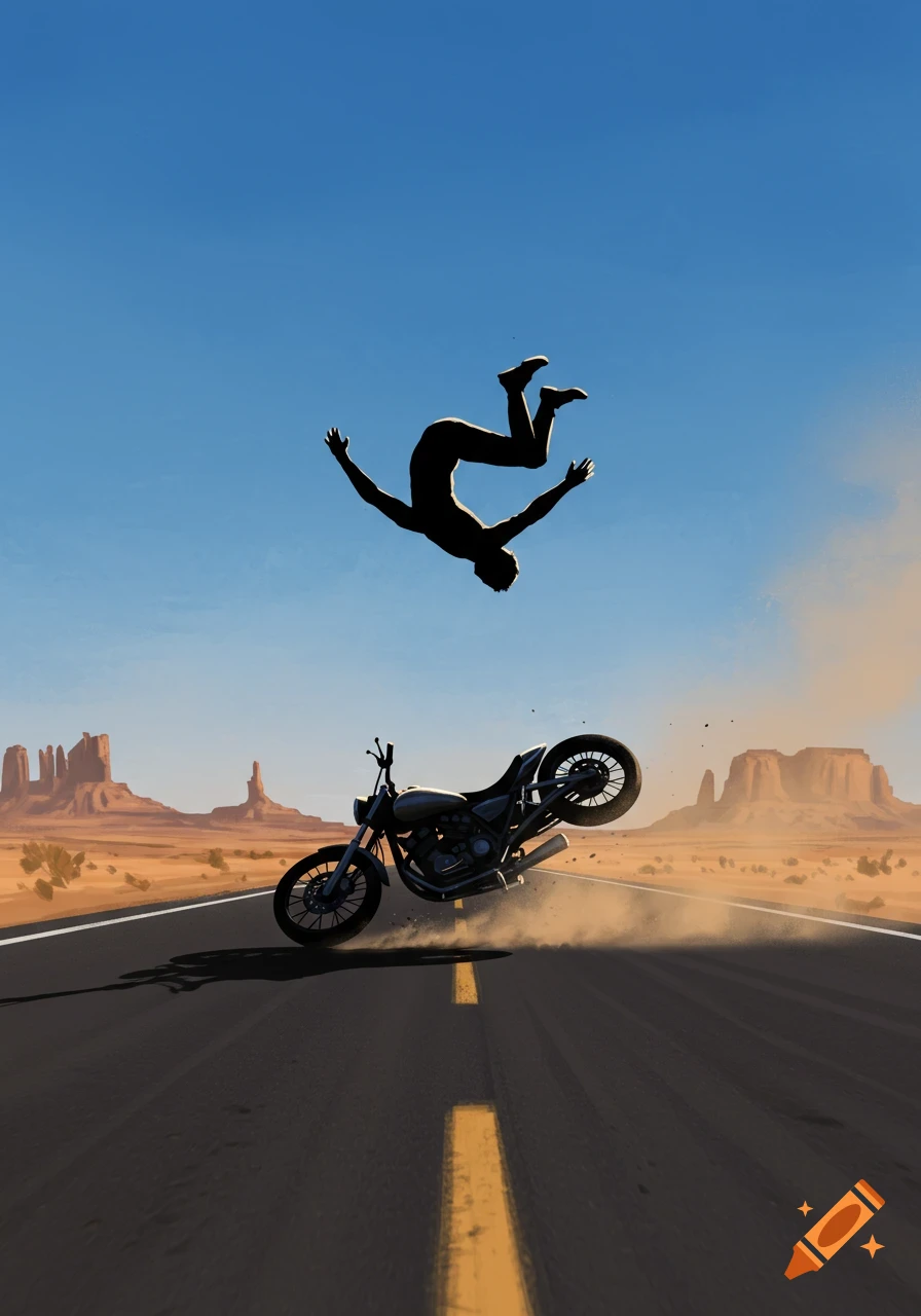 A silhouetted person is mid-air above a skidding motorcycle on a desert road with mesas in the background, stylized illustration.