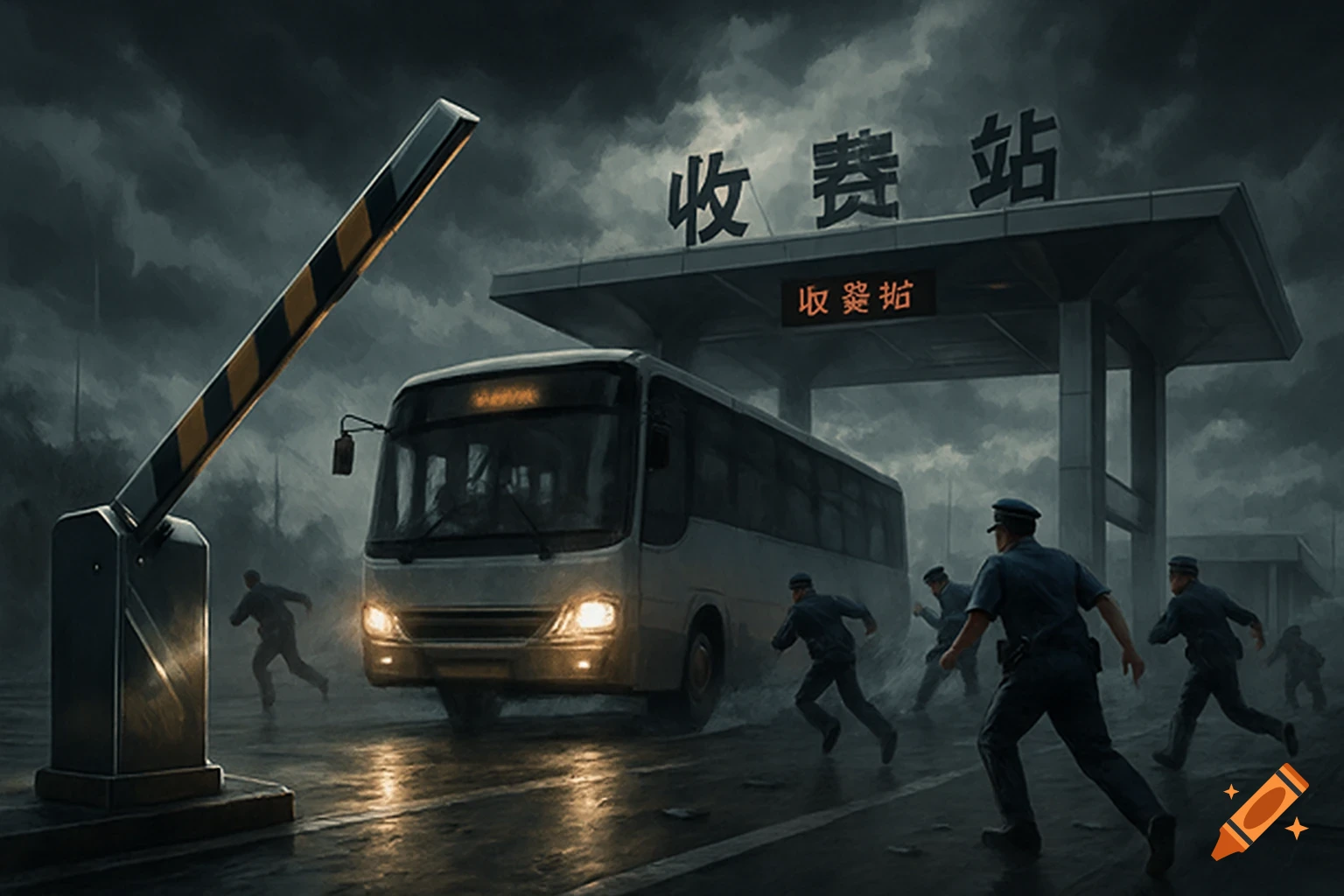 A white bus drives through a toll booth under a stormy, dark sky as several people, including police officers, run away from it.