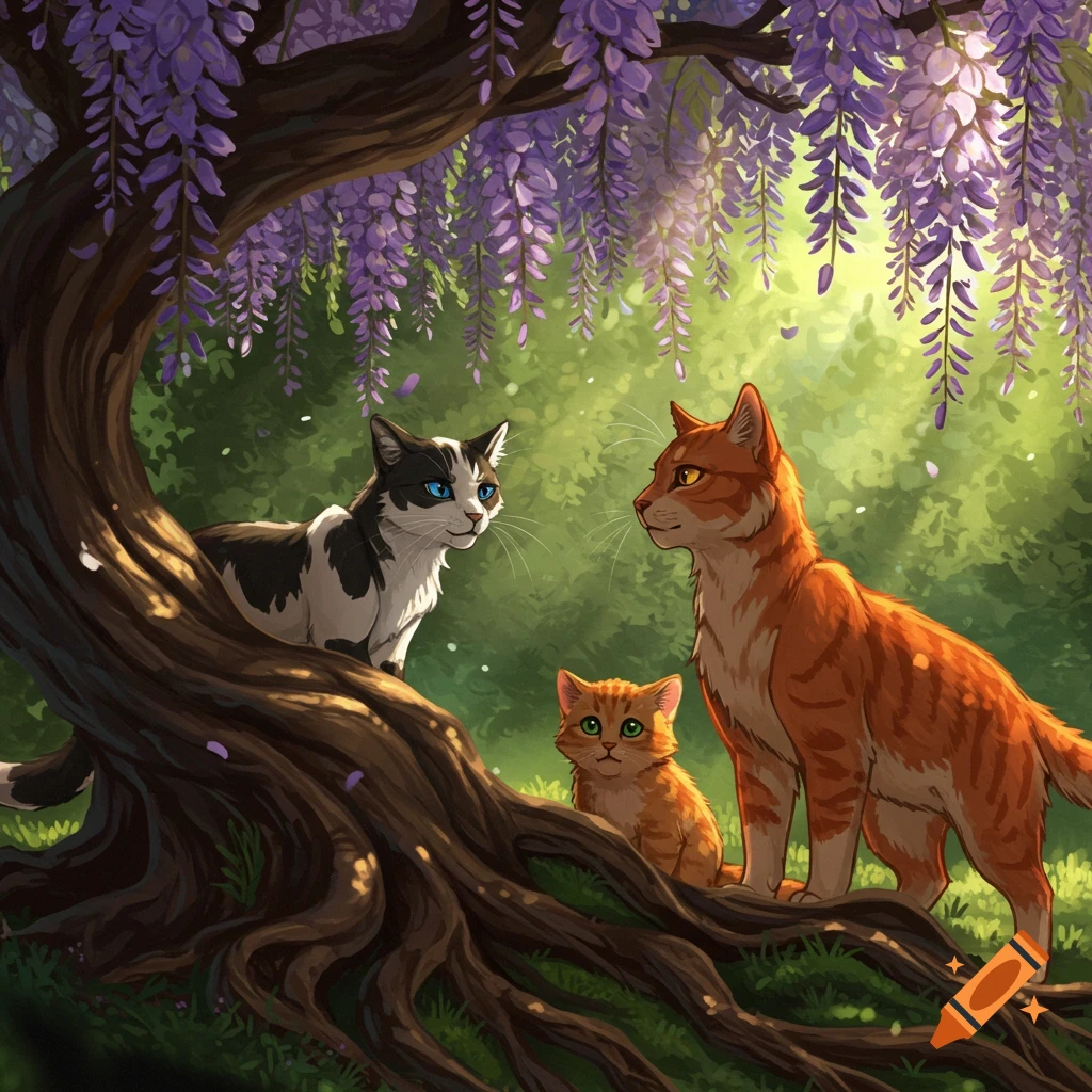 A black and white cat, an orange cat, and a small ginger kitten under a wisteria tree in a green forest, in Warrior Cats style art.