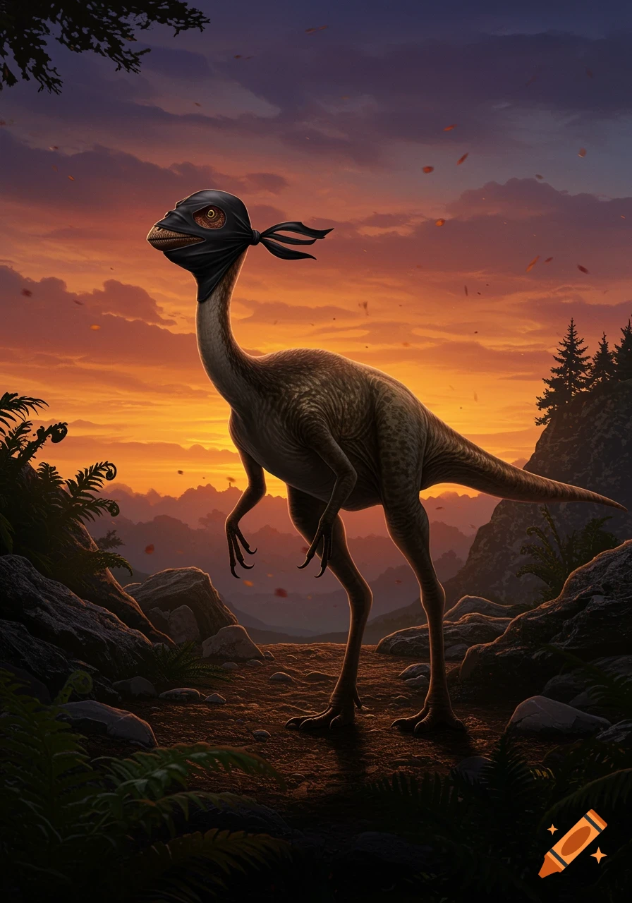 A Gallimimus dinosaur wearing a black balaclava stands on a rocky hill at sunset.