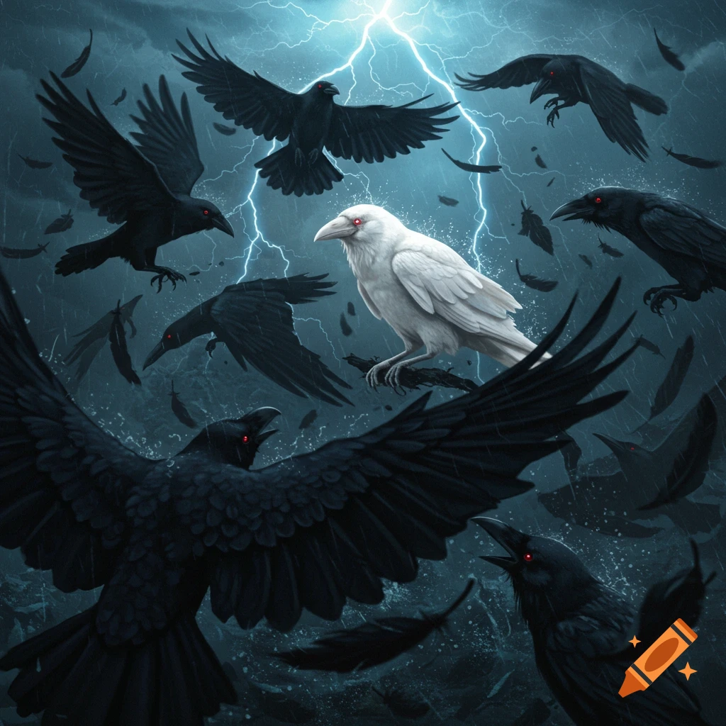 A white crow stands on a branch, surrounded by a flock of black crows with red eyes during a thunderstorm.
