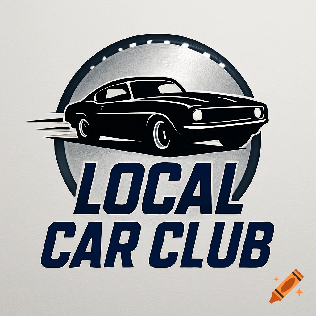 A stylized logo featuring a black classic car silhouette with speed lines in front of a brushed metal circle, with the text "LOCAL CAR CLUB" below.
