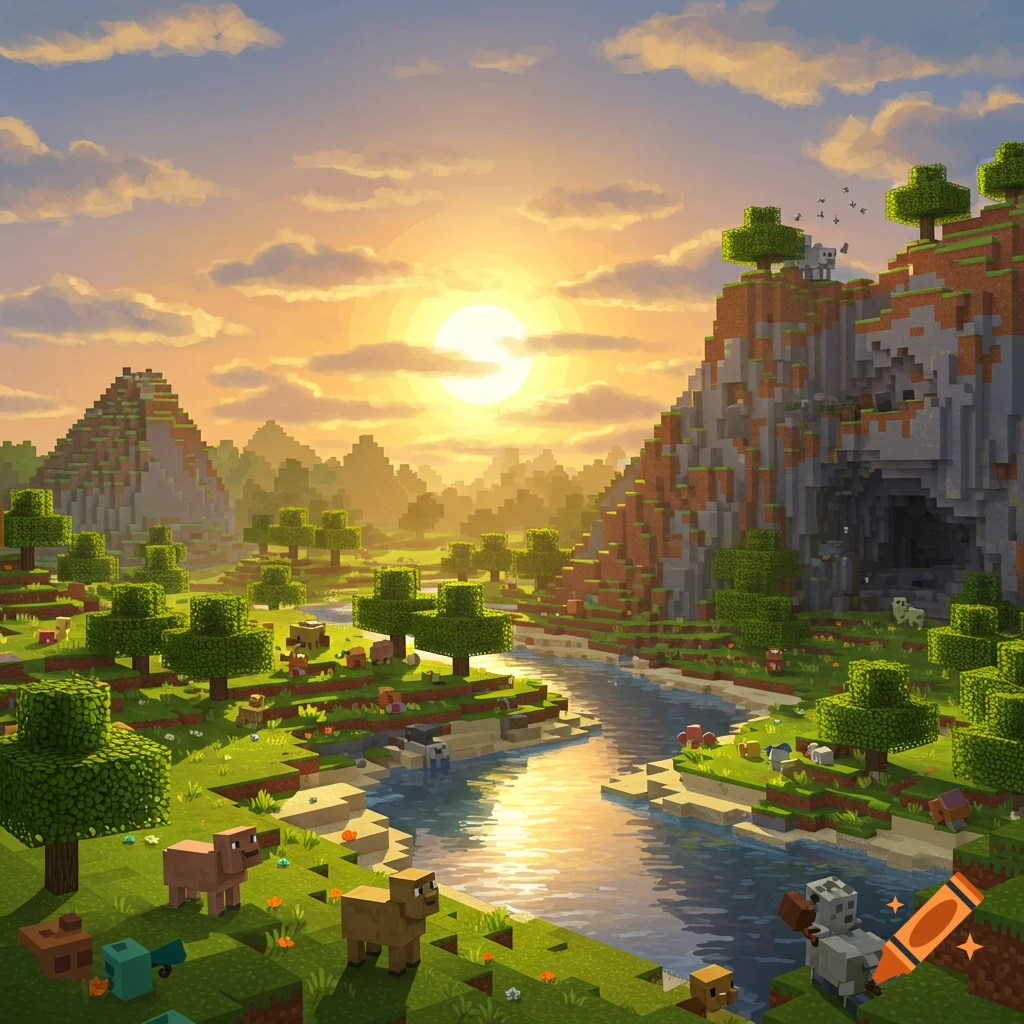 A vibrant, blocky Minecraft-style landscape at sunset with mountains, a river, trees, and animals.
