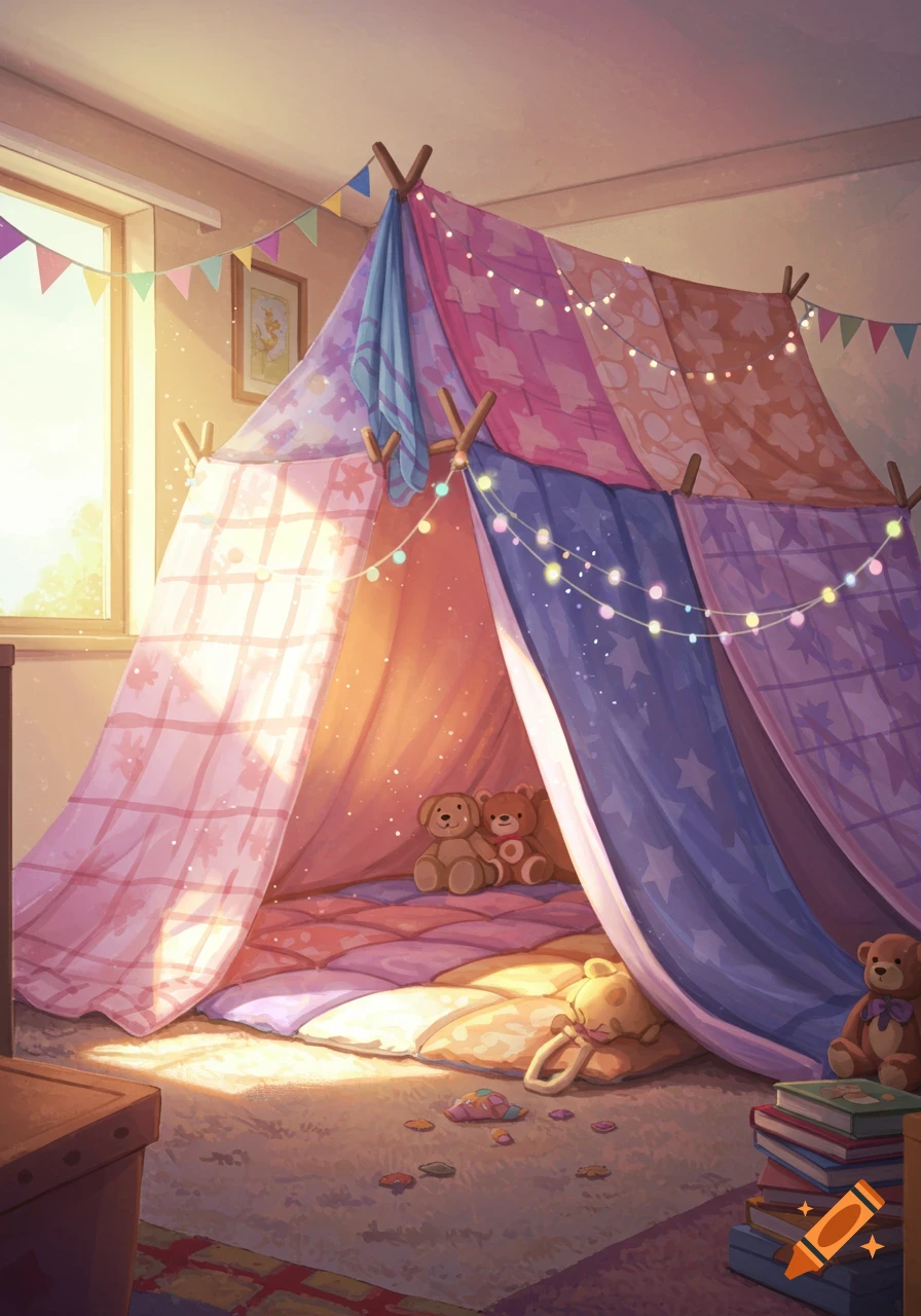A colorful blanket fort with string lights, teddy bears, and books in a sunlit bedroom, rendered in an illustrative style.