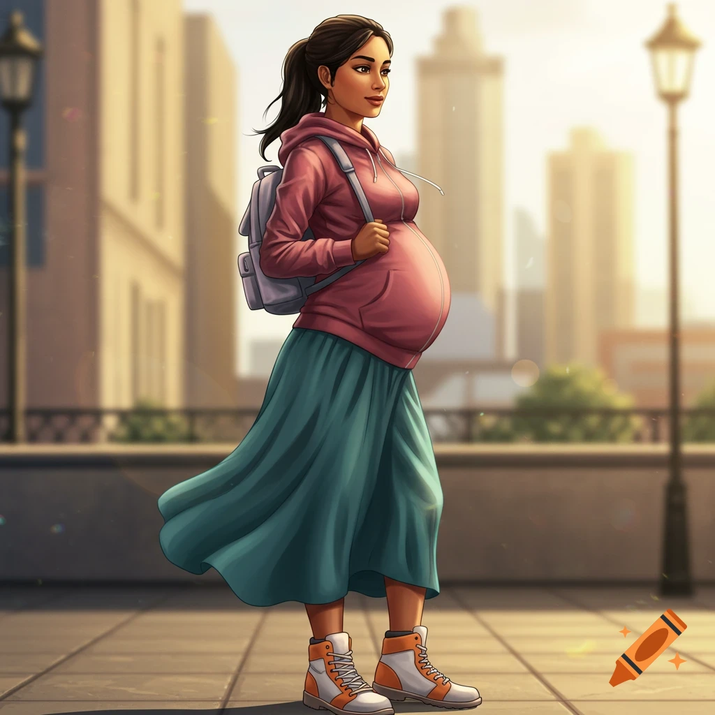 An illustration of a pregnant woman with dark hair in a ponytail, wearing a pink hoodie and teal skirt, walking in a city.