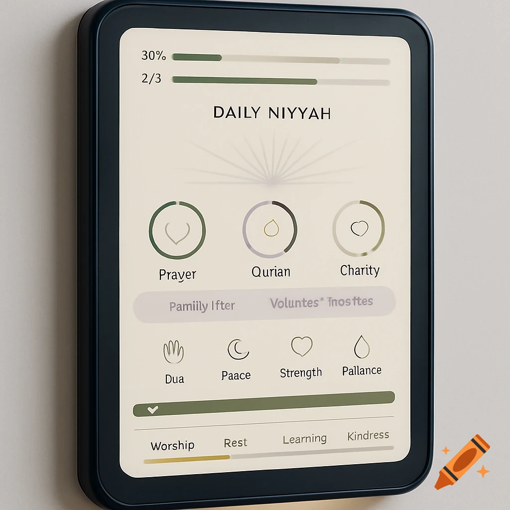 A sleek, wall-mounted digital tablet displaying a daily niyyah productivity app with progress bars, circular goal rings, and icons.