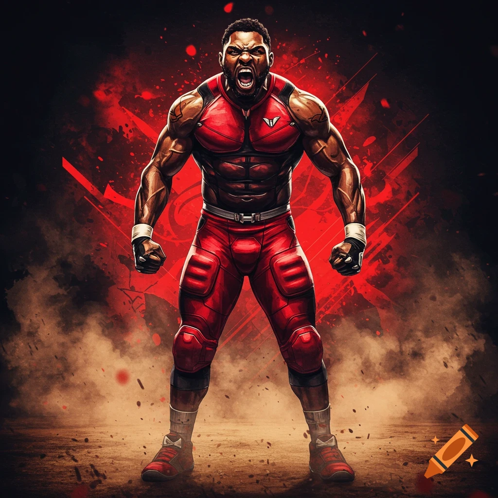 Muscular man in a red armored suit, standing in an aggressive pose with a yelling expression on a dark background with red energy splatters.