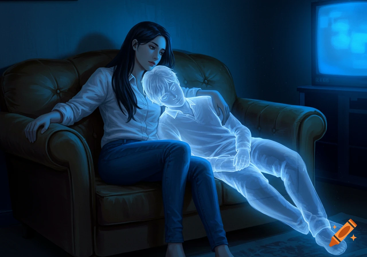 An illustration of a woman on a couch holding a glowing, translucent ghost man, lit by a TV.