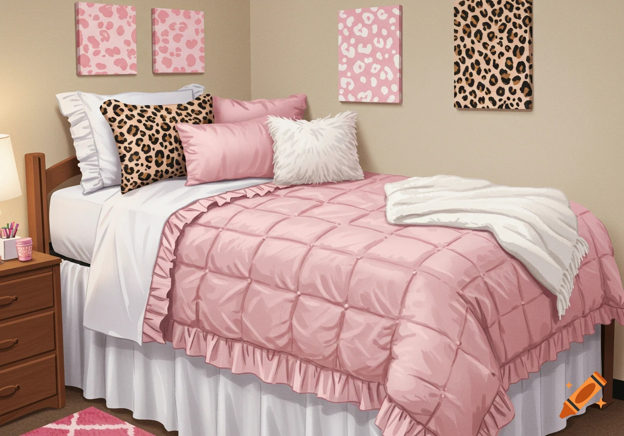 A colorful illustration of a dorm room bed featuring a pink ruffled comforter, white sheets, leopard print pillows, and coordinating wall art.