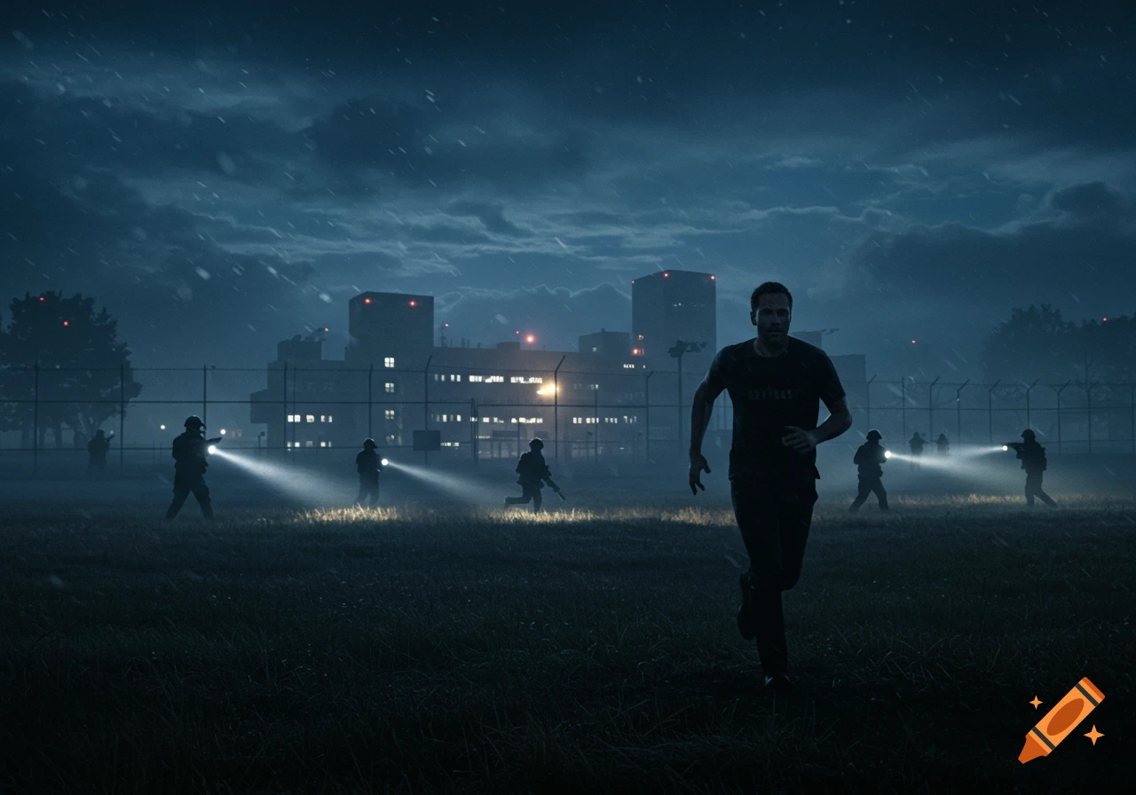 A man in a dark t-shirt runs across a grassy field at night, pursued by soldiers with flashlights, with a prison building in the background.